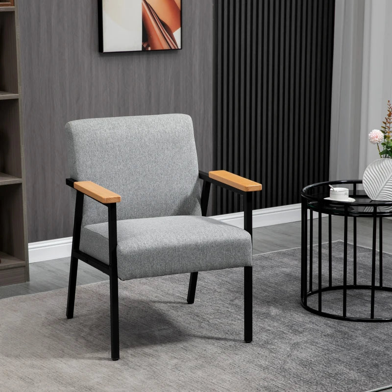HOMCOM Modern Accent Chair with Cushioned Seat and Back, Upholstered Fireside Chair for Living Room, Comfy Chair with Wood Armrests and Steel Legs, Grey
