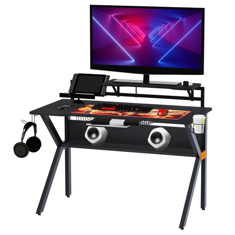 HOMCOM Black Gaming Desk, Metal Frame w/Cup Holder Headphone Hook & Cable Basket