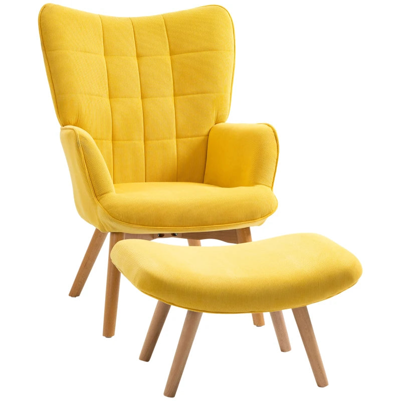 HOMCOM Modern Accent Chair with Ottoman, Living Room Chairs with Steel Frame, Wooden Legs for Living Room, Study, Bedroom and Home Office, Yellow