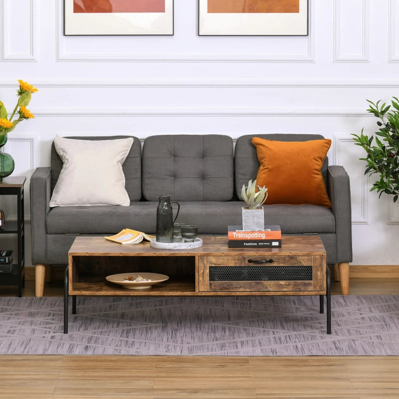 HOMCOM Industrial Coffee Table with Storage, Centre Table with Mesh Drawer, Open Shelf and Metal Legs for Living Room, Rustic Brown