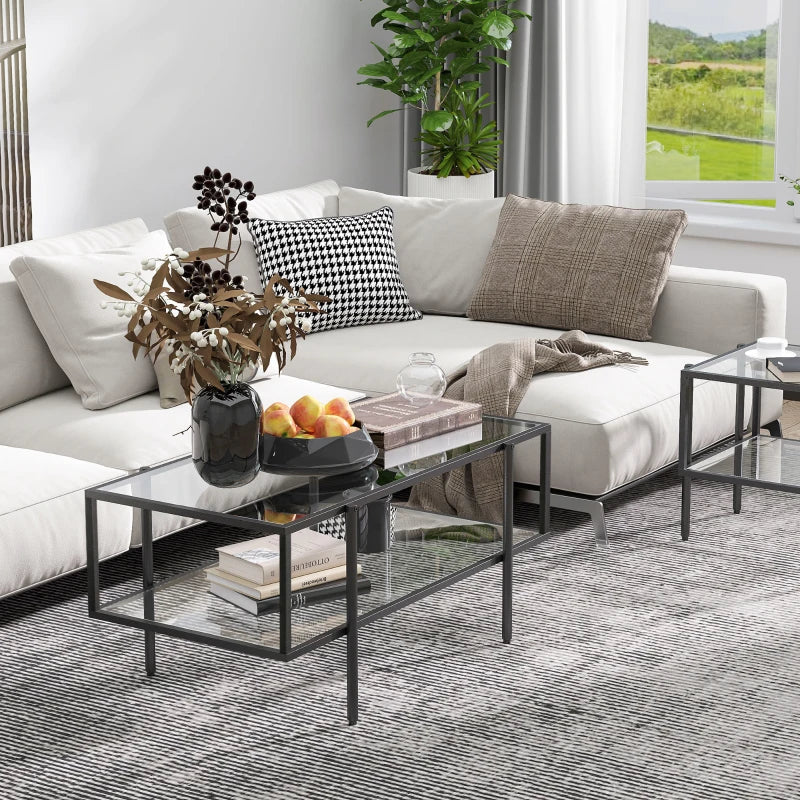 HOMCOM Side Table Glass Coffee Table with Shelf Adjustable Feet with Steel Frame Glass Top Tempered Glass Black 100 x 55 x 45.5 cm