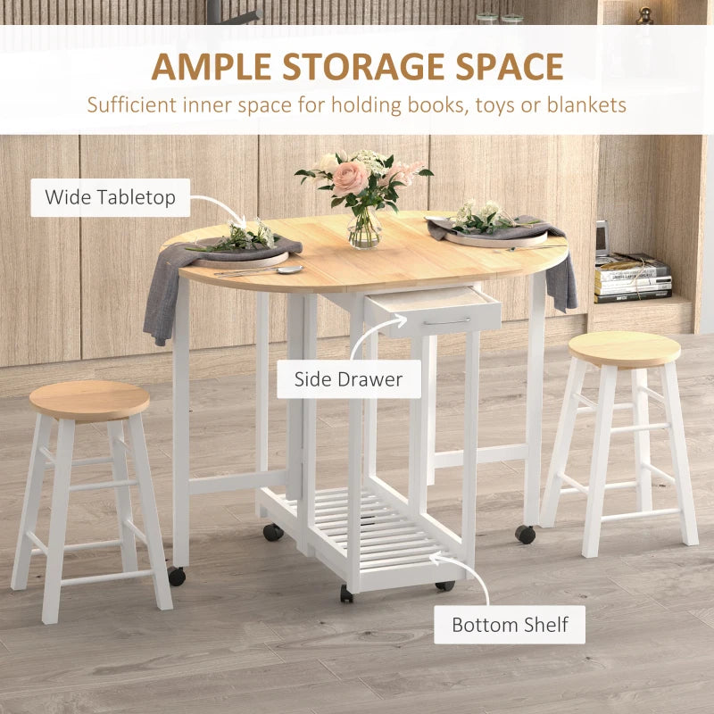 HOMCOM Pine Wood 3-Piece Compact Folding Dining Table with Stools White