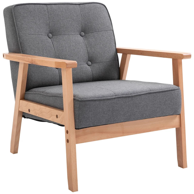 HOMCOM Sitting Chairs for Living Room, Wooden Accent Chair Lounge Armchair Retro Linen Fabric Upholstered w/ Arm Grey