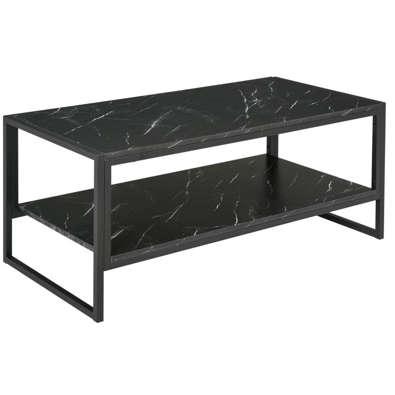 HOMCOM Coffee Table with Storage, 2-Tier Centre Table with Faux Marble Table Top, Bottom Shelf and Metal Frame, Modern Style Living Room Table, Black