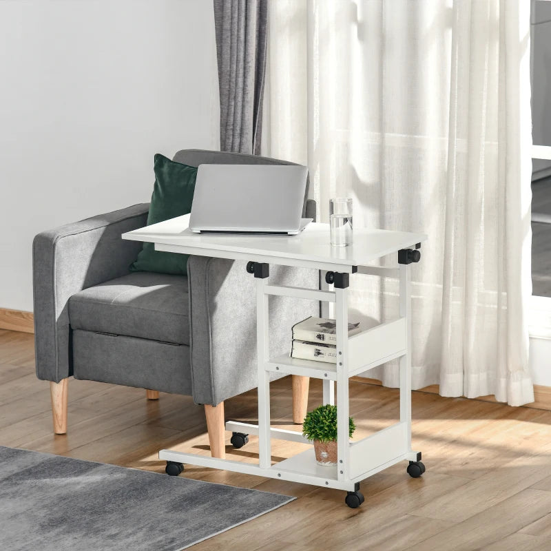 HOMCOM Side table with wheels, height adjustable, compact, 2 shelves, metal frame, 80x40x72-82 cm, White