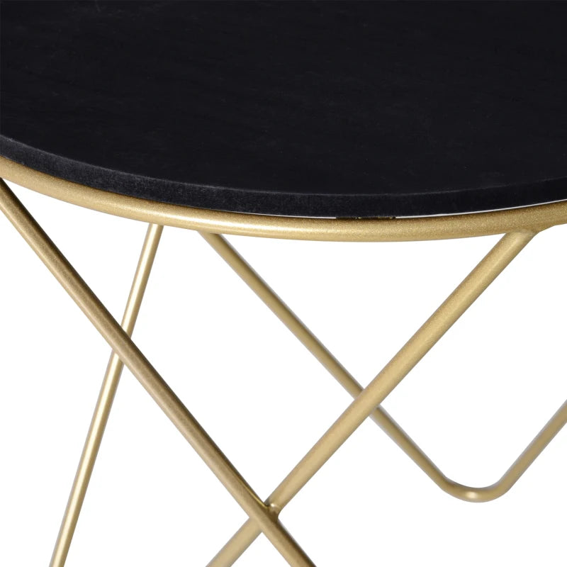HOMCOM Round End Table, Sofa Side Table with Wood Grain Top and Metal Crossed Legs, Accent Coffee Table for Living Room, Bedroom, Black, Gold Tone