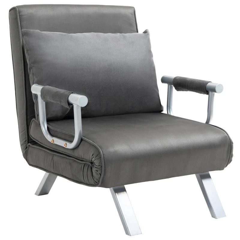 HOMCOM Single Chair Sofa Bed Convertible Detachable Grand Comfort Cushion Metal Armrest Legs Suede Grey