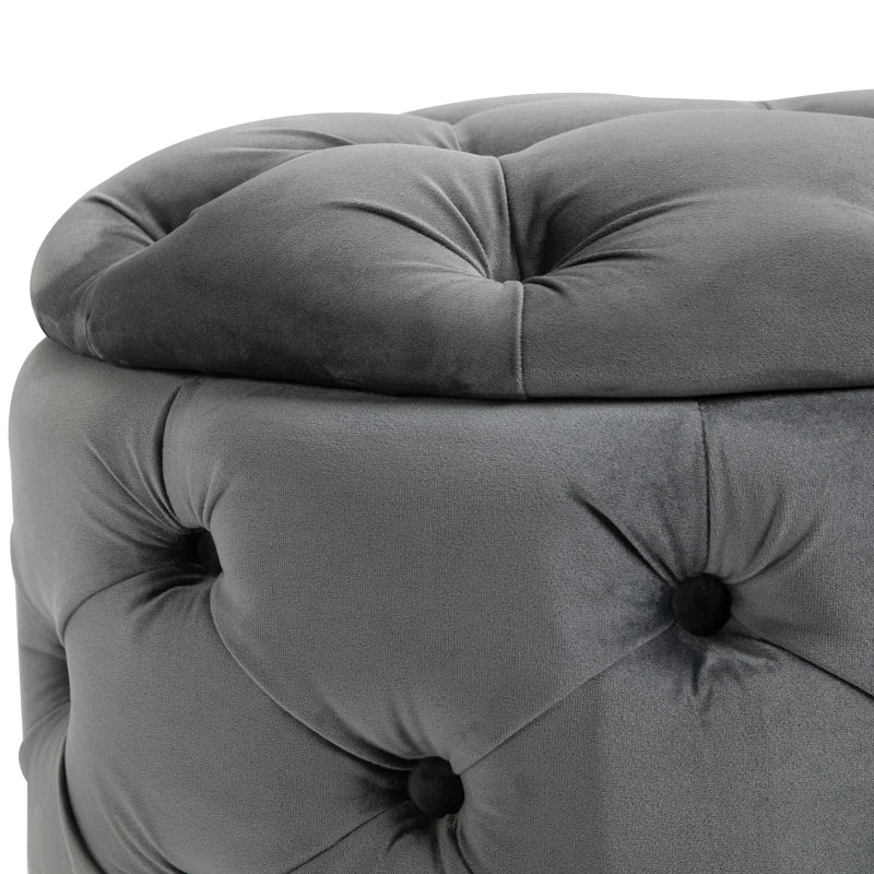 HOMCOM Round Velvet-Touch Storage Stool Ottoman Button Tufted Footrest with Removable Lid