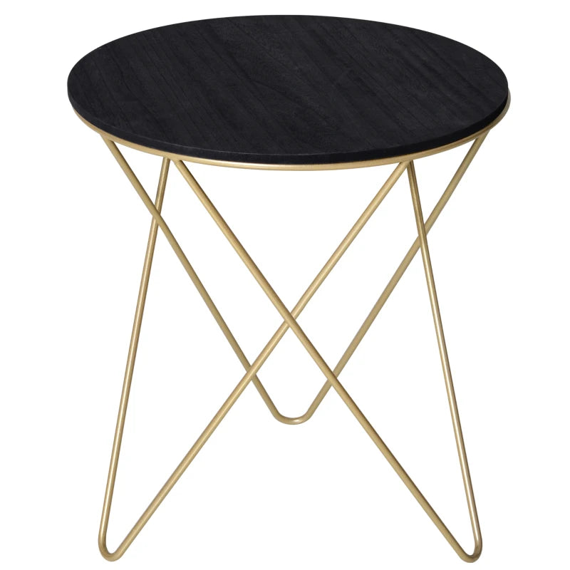 HOMCOM Round End Table, Sofa Side Table with Wood Grain Top and Metal Crossed Legs, Accent Coffee Table for Living Room, Bedroom, Black, Gold Tone
