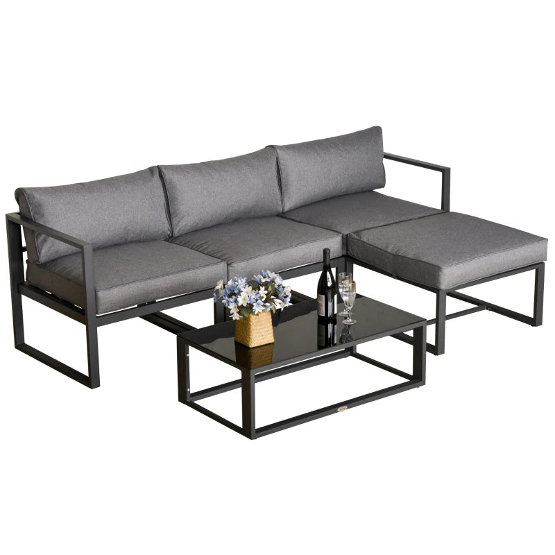 Outsunny 5 Pieces Outdoor Patio Furniture Set, Sofa Couch with Glass Coffee Table, Cushioned Chairs and Aluminum Tube, for Balcony Garden Backyard, Grey