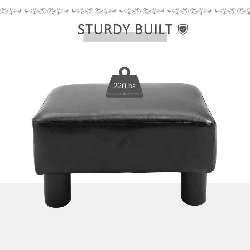 HOMCOM Ottoman Foot Rest, Small Foot Stool with Faux Leather Upholstery, Rectangular Ottoman Footrest with Padded Foam Seat and Plastic Legs, Bright Black
