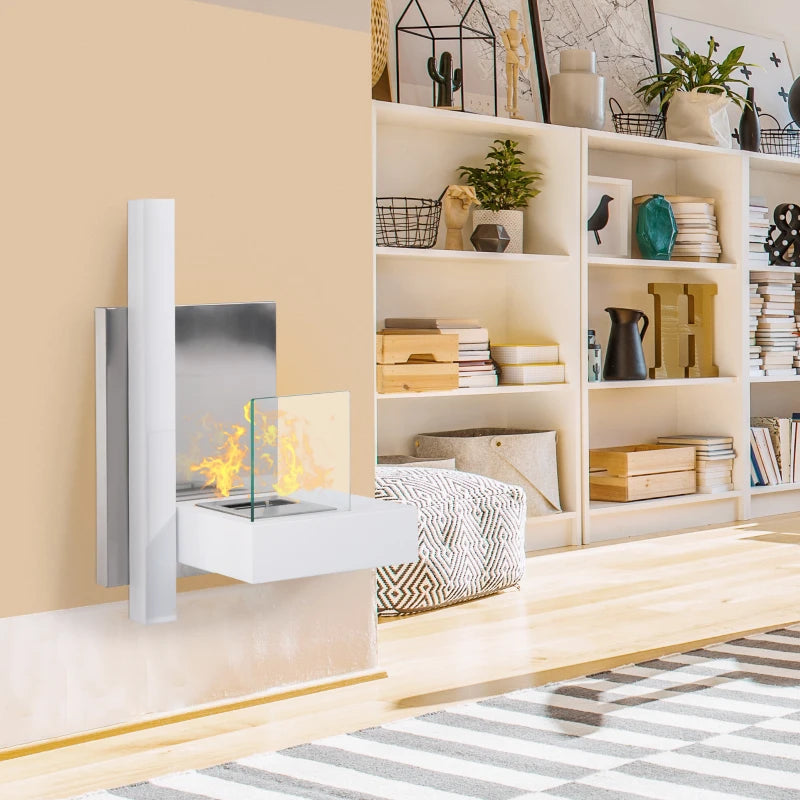 HOMCOM Ethanol Fireplace Bio-Ethanol Burner 0.9L 3 Hrs. Burning Time with Flap Wall Mounting Accessories No Smoke Bauhaus Design Stainless Steel White 75 x 22 x 63 cm