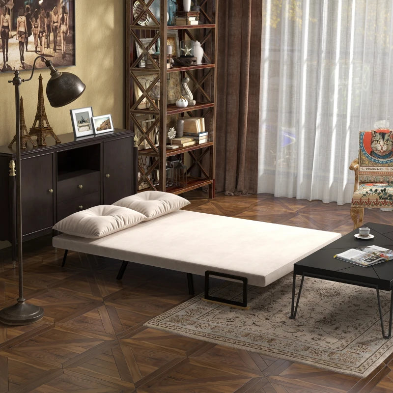 HOMCOM Sleeper Sofa 2-Seater Sofa Velvet Sofa, Sleeper Function, incl. 2 Pillows, Velvety Look, Natural + Beige + Black