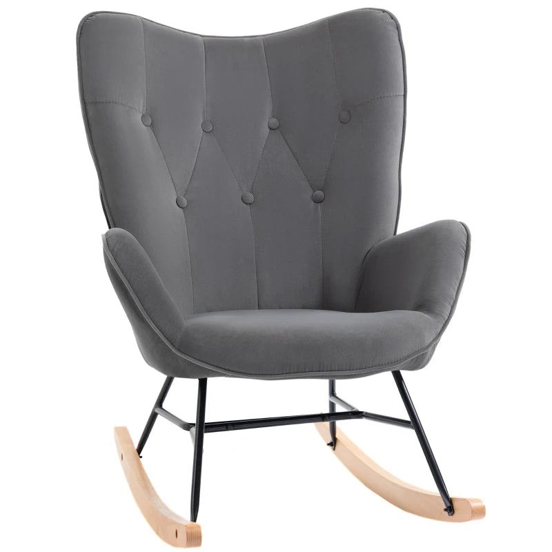 HOMCOM Rocking Chair with Steel Frame Upholstered Relax Armchair Lounge Chair Living Room Chair with Padded Seat Velvety Polyester Rubberwood Metal Dark Gray+Natural 65 x 70 x 96 cm