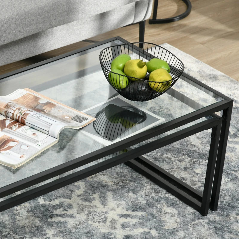 HOMCOM Set of 2 Coffee Tables, Glass Tables, with Powder-Coated Steel, Black + Transparent