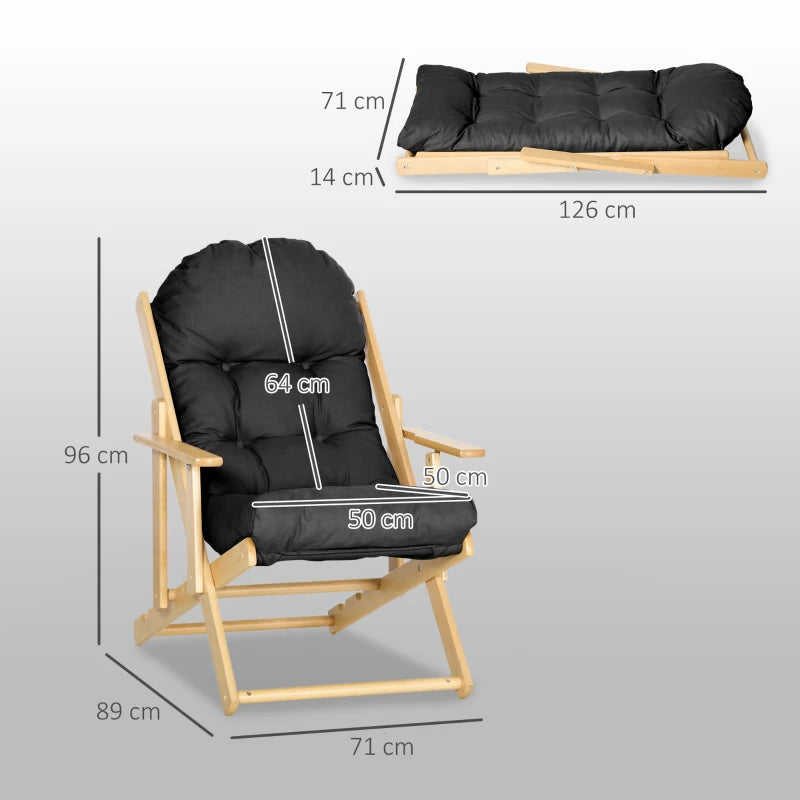 HOMCOM Folding and Reclining Wooden Lounge Chair Comfortable Relaxation Chair with Thick Tufted Cushion
