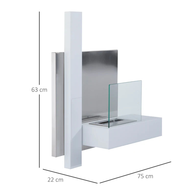 HOMCOM Ethanol Fireplace Bio-Ethanol Burner 0.9L 3 Hrs. Burning Time with Flap Wall Mounting Accessories No Smoke Bauhaus Design Stainless Steel White 75 x 22 x 63 cm