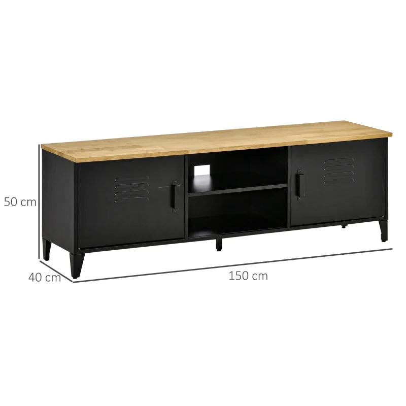 HOMCOM TV Stand TV Stand for 55'' TVs with 2 Cupboards Adjustable Feet Black Metal Frame Natural Wood Top 150 x 40 x 50 cm