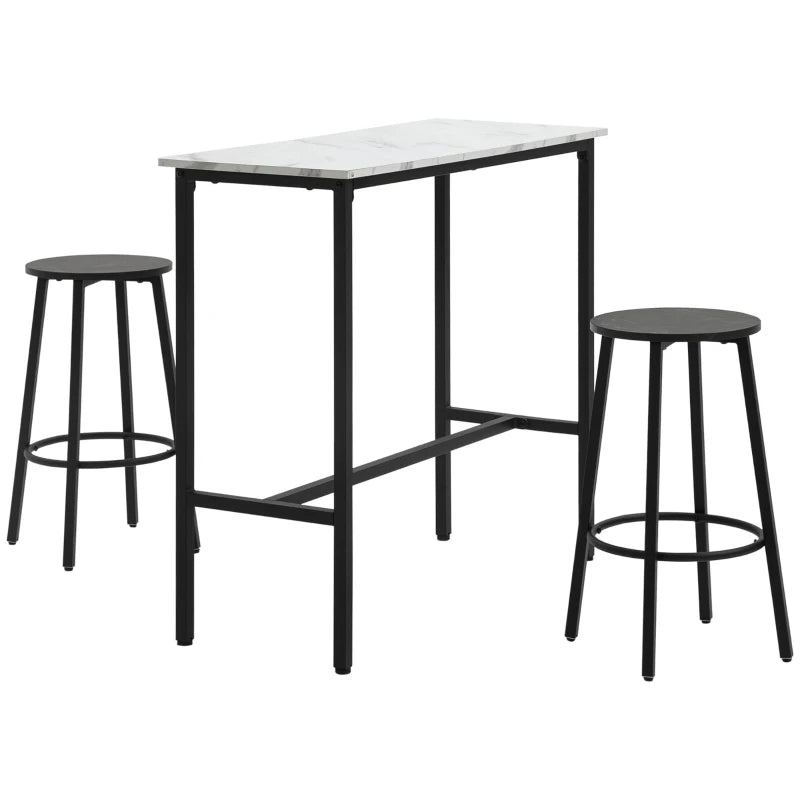 HOMCOM Bar Set for 2 Persons, 1 Table with 2 Bar Stools, White Marble Look Tabletop, Steel Frame
