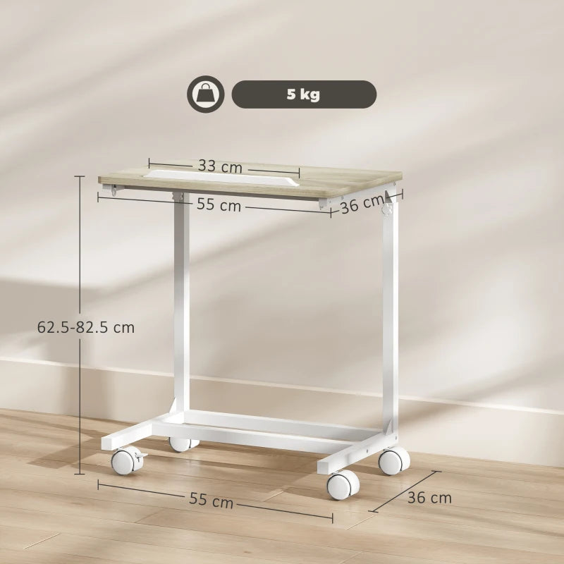 HOMCOM C-Shaped Sofa Side Table, Height Adjustable Overbed Table with Tilting Desktop, Mobile Laptop Desk for Living Room Bedroom, Oak and White