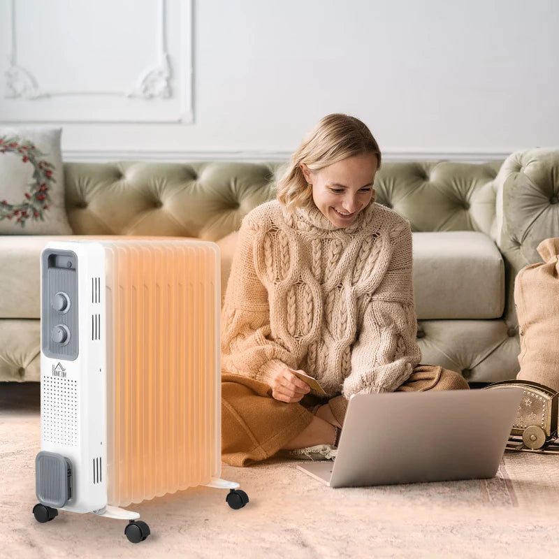 HOMCOM 2500W Oil Filled Radiator, 11 Fin, Portable Electric Heater with 3 Heat Settings, Safety Cut-Off and Wheels, White