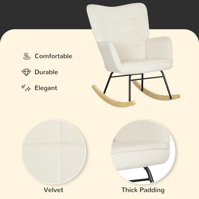 HOMCOM Rocking Chair, Thick Padding, Wide Backrest, Beech wood/Steel Frame, Supports up to 120 kg, Beige