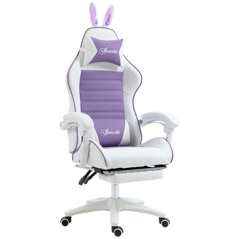 Vinsetto Racing Gaming Chair, Reclining PU Leather Computer Chair with Removable Rabbit Ears, Footrest, Headrest and Lumber Support, Purple
