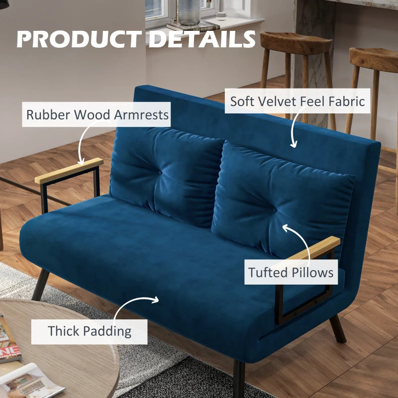 HOMCOM 2-Seater Convertible Sofa Bed with Adjustable 5-Level Backrest and 2 Padded Cushions, Velvet-like Fabric, Blue