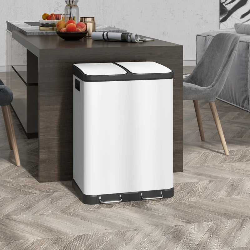 HOMCOM 60L White Kitchen Trash Can with Pedal, Stainless Steel, 2 Compartments, Soft-Close Lid