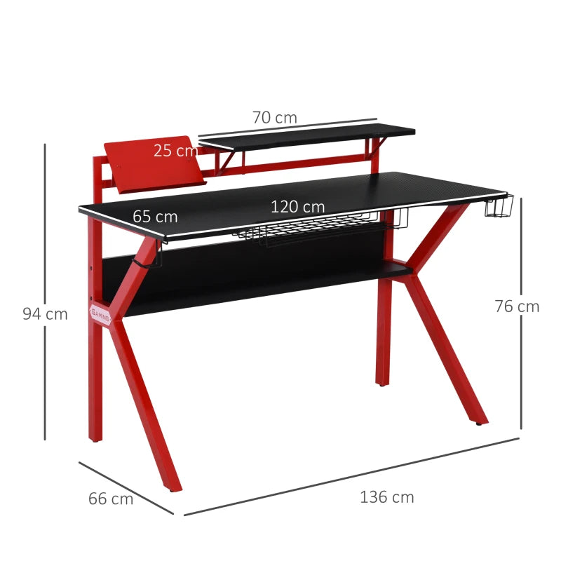 HOMCOM 136 x 66cm Gaming Desk with K Shape Legs, Computer Table with Monitor Stand, Cup Holder, Headphone Hook and Wire Basket, Red