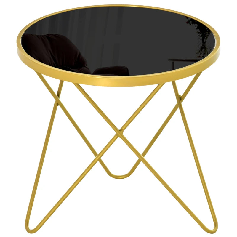 HOMCOM Glass Coffee Table, Round End Side Table, Accent Table with Tempered Glass Top and Golden Metal Legs for Living Room, Bedroom, Black