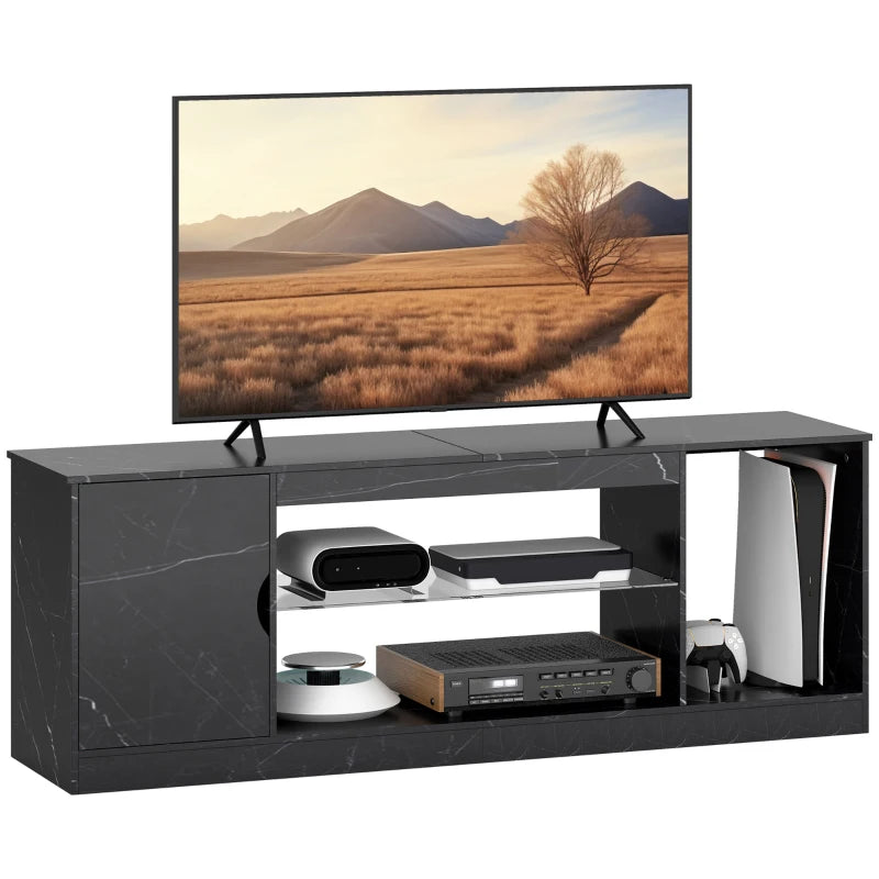 HOMCOM TV Stand Cabinet, Marble Effect TV Unit for up to 55" TVs with Glass Shelf and Storage Cabinet, Entertainment Unit for Living Room, Bedroom, Black