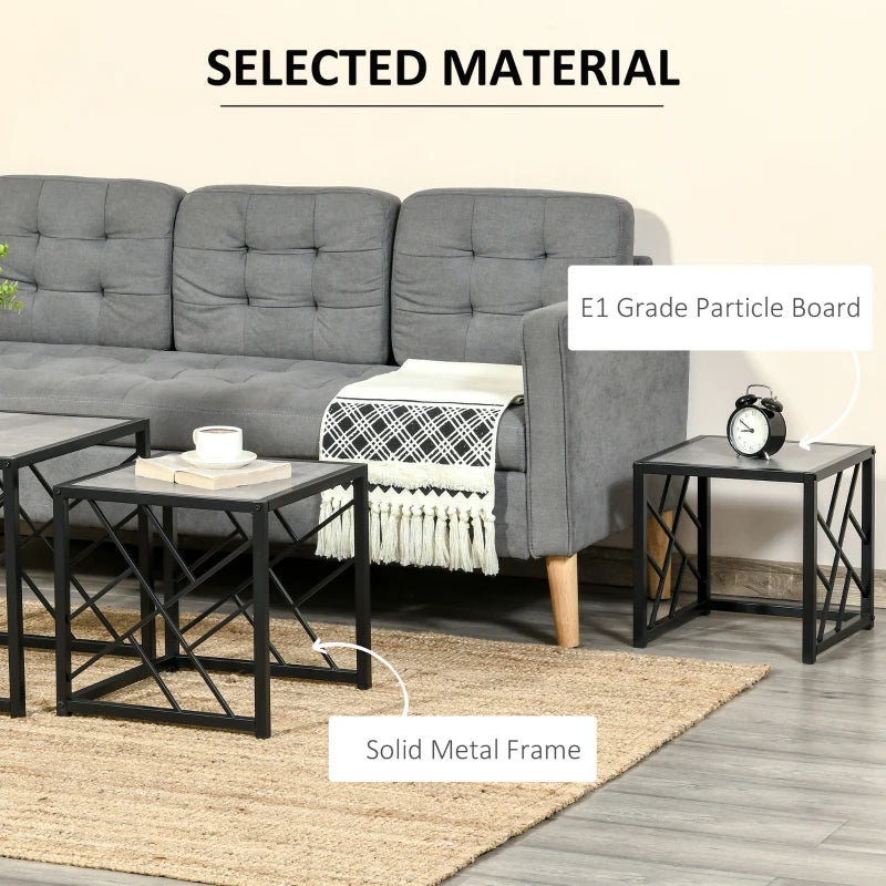 HOMCOM Set of 3 Nest of Tables Square Side Tables with Metal Frame, Grey