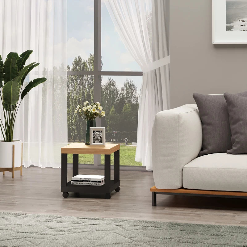 HOMCOM Sofa Side Table Square End Desk with Open Storage Shelf, Rolling Wheels, Free Moving for Home Office Studio