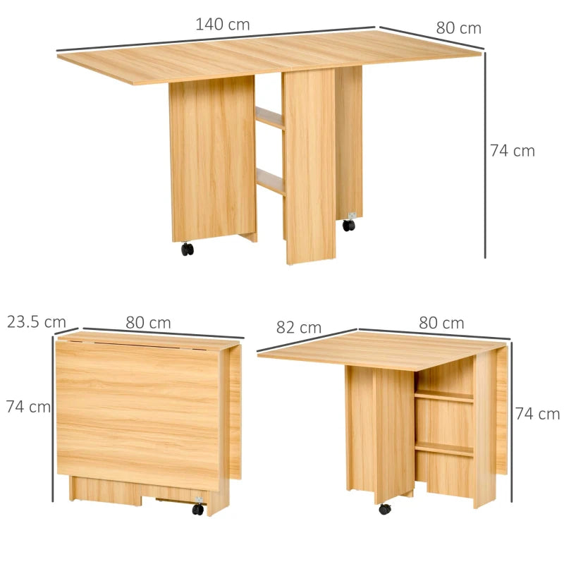 HOMCOM Drop Leaf Dining Table with Storage Shelves, Folding Kitchen Table, Writing Desk with 2 Wheels, Brown