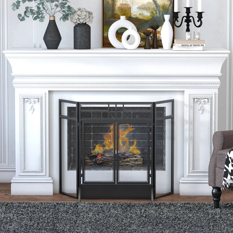 HOMCOM 3-Panel Folding Fireplace Screen with Door, Freestanding Spark Guard, Metal Mesh Fireguard, Black