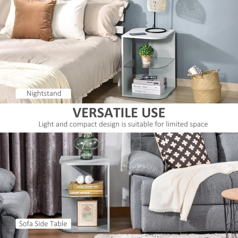 HOMCOM Modern Side Table, 3-tier Bedside Table, Nightstand with 2 Storage Shelves, Glass Shelf for Living room, Bedroom, Corner, Grey