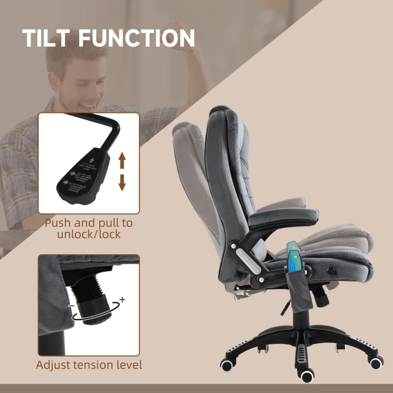 Vinsetto Massage Office Chair Recliner, Ergonomic Gaming Heated Home Office Padded & Swivel Base, Velvet-Feel Fabric, Grey