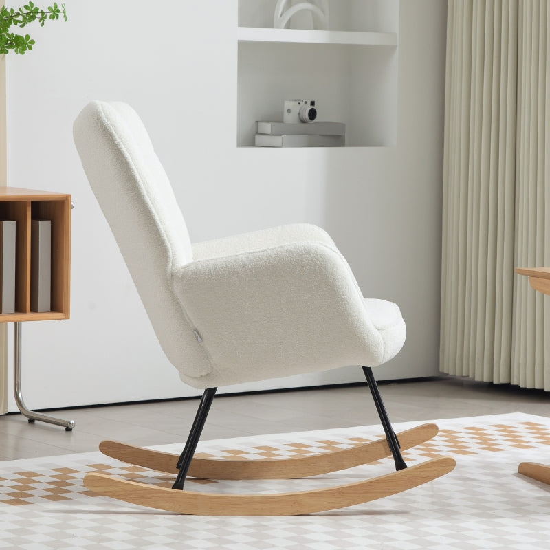HOMCOM Rocking Chair in Fleece Look with Armrests, Ergonomic Armchair with Wooden Rockers, for Living Room, Bedroom, White