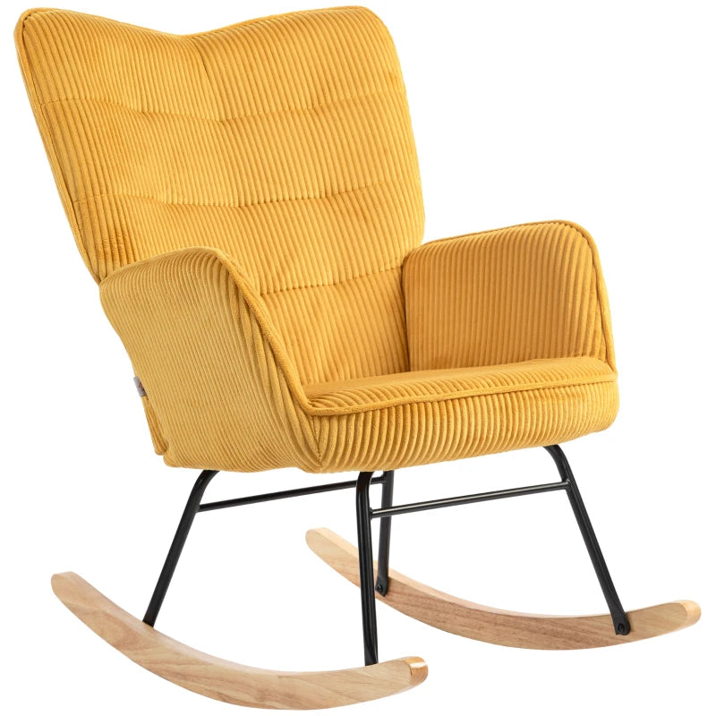 HOMCOM Vintage Rocking Chair, Curved Rockers, Thick Padding, Beech Wood & Steel, Yellow