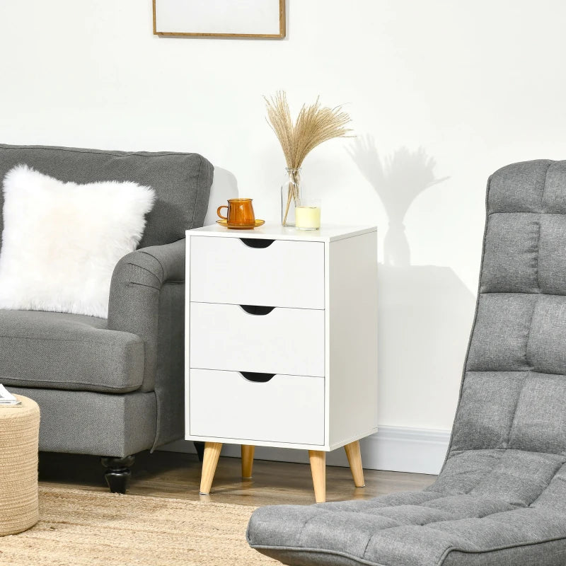 HOMCOM Bedside Table, Bedside Cabinet with 3 Drawers, Small Side Table with Wood Legs and Cut-out Handles for Bedroom, White
