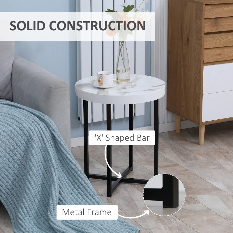 HOMCOM Round End Table with Metal Legs, Modern End Table Bedside Table for Living Room, Bedroom, White