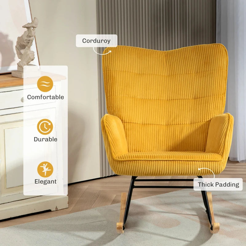 HOMCOM Vintage Rocking Chair, Curved Rockers, Thick Padding, Beech Wood & Steel, Yellow