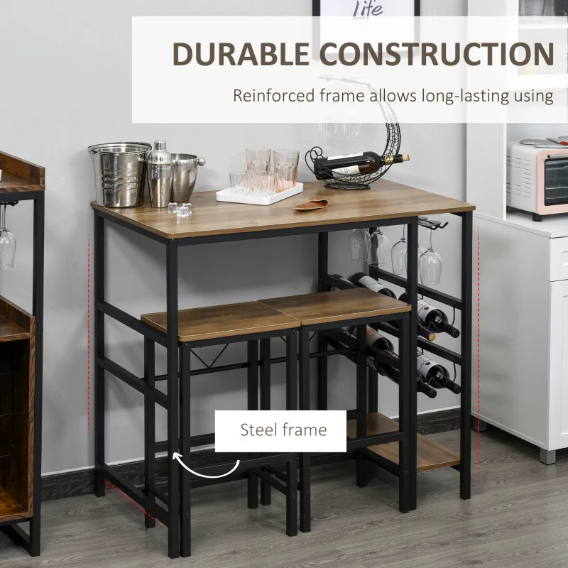 HOMCOM 3 Pieces Dining Table and Chair Bar Bistro Set with 8-bottle Wine Rack and Cup Holder, Metal Frame for Kitchen, Dining Room, Living Room, Pub
