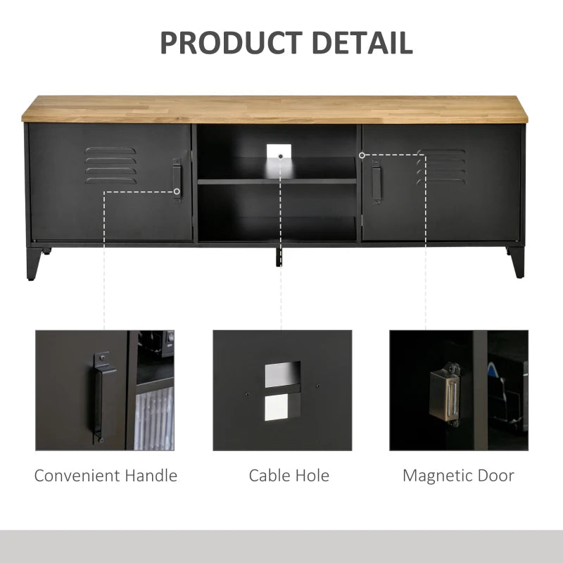 HOMCOM TV Stand TV Stand for 55'' TVs with 2 Cupboards Adjustable Feet Black Metal Frame Natural Wood Top 150 x 40 x 50 cm