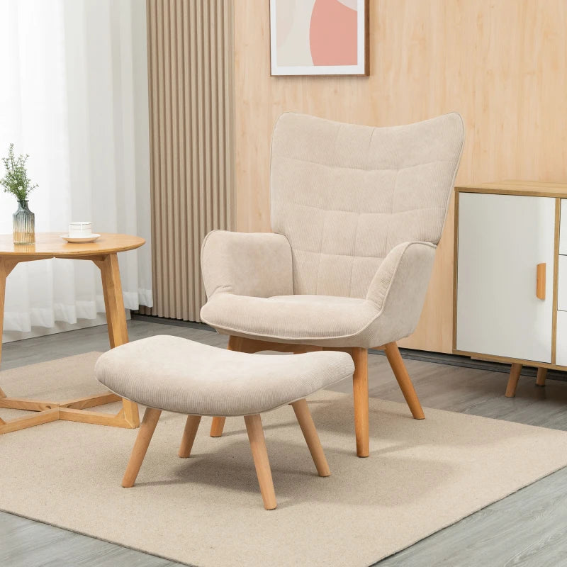 HOMCOM Modern Accent Chair with Ottoman, Living Room Chairs with Steel Frame, Wooden Legs for Living Room, Study, Bedroom and Home Office, Beige