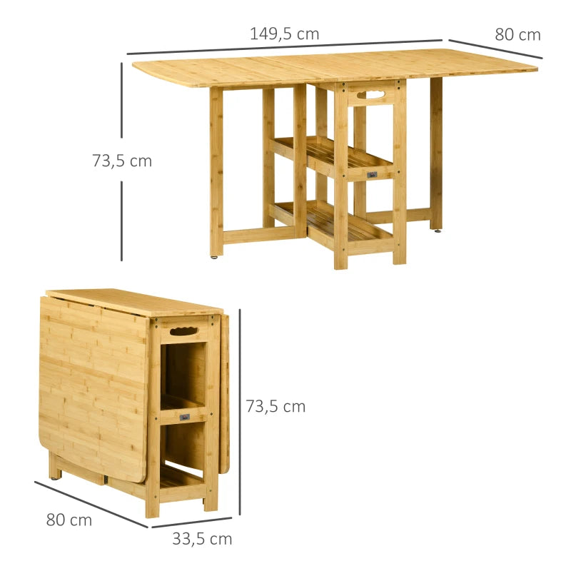 HOMCOM Folding Table, Dining Table, Two Foldable Sides, Two Shelves, Adjustable Feet, Bamboo, 149.5 x 80 x 73.5cm