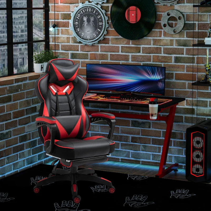 Vinsetto Computer Gaming Chair, Racing Desk Chair with Lumbar Support and Footrest, PU Leather Gamer Chair with Headrest and Swivel Wheels for Home, Red