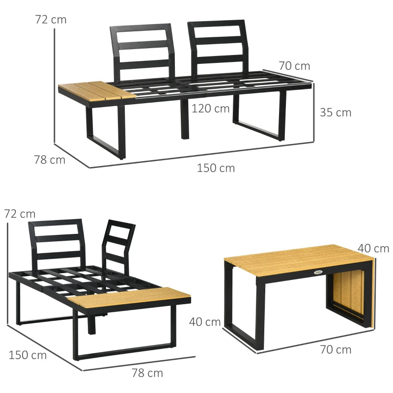 Outsunny 3 Pieces Patio Furniture Set - Outdoor Garden Sofa Conversation Set with Padded Cushions, Wood Grain Plastic Top Table and Side Panel, Dark Grey