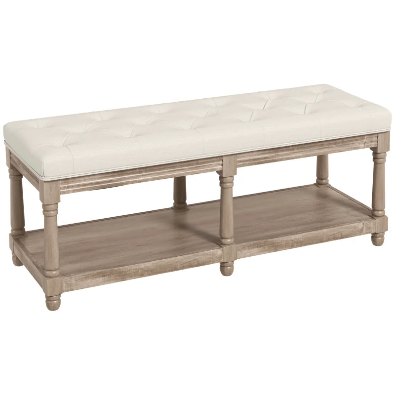 HOMCOM Tufted 2-Tier Shelf Shoe Bench 115 cm End of Bed Linen Upholstered Carved Wood Legs Linen Beige